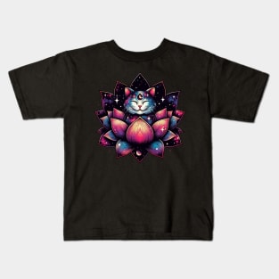 Colorful Abstract Cosmic Cat in Lotus Flower Kids T-Shirt